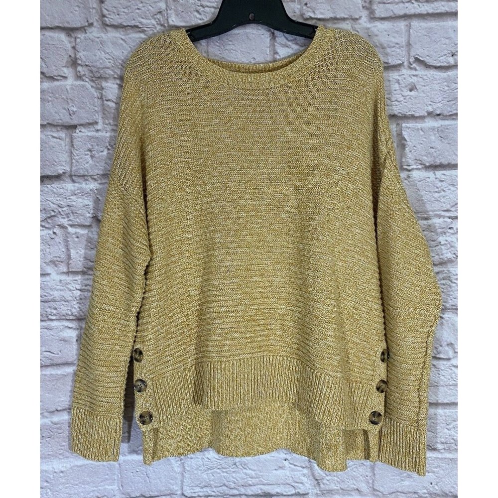 JOIE Chunky Knit Sweater Large Side Button Yellow Gold Pullover Hi Low Hem 9427